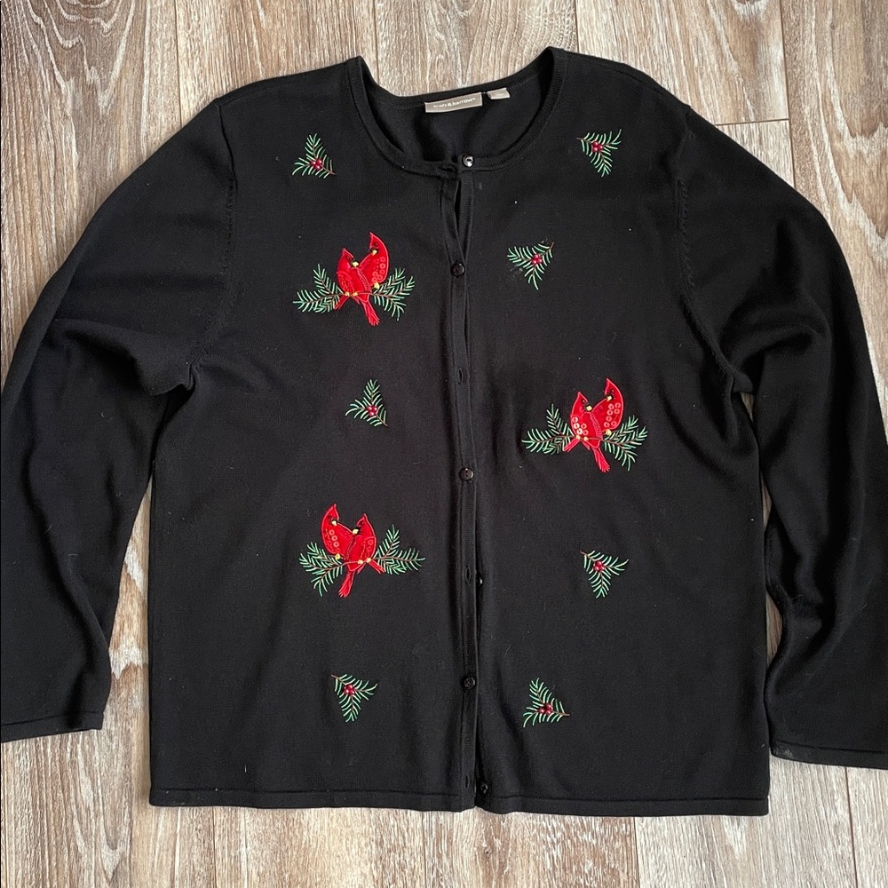 Croft & Barrow Black Jersey Knit Cardigan XL Red Velvet Embroidered Cardinals - Picture 1 of 11